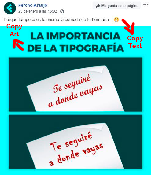 captura de pantalla de publicación de facebook que muestra la importancia de la tipografía y la diferencia entre copy art y copy text.